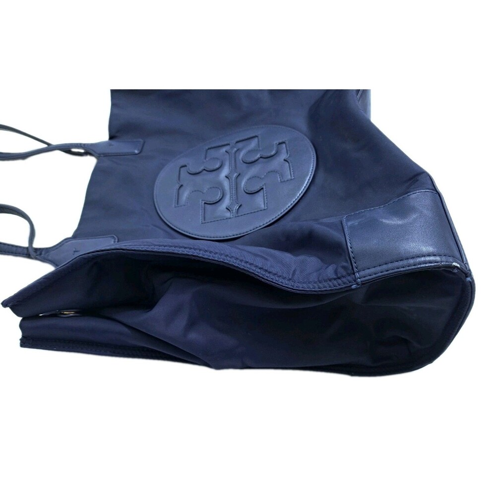 Tory Burch Ella Nylon Leather Logo Tote Bag Blue Shoulder - Picture 5 of 10